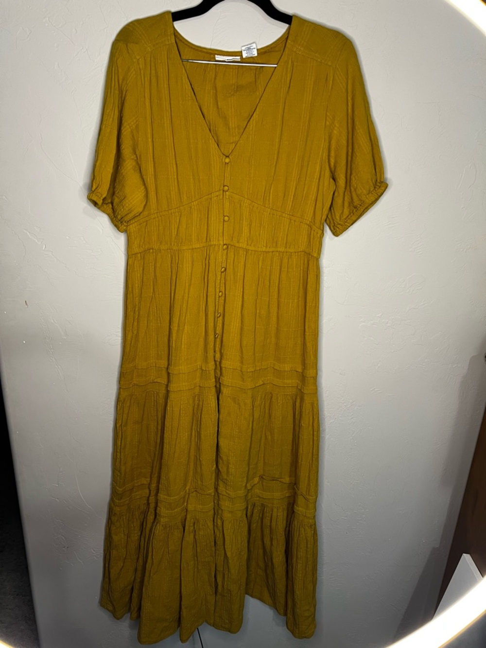 Lucky Brand Mustard Yellow Gauze Cotton Button Down Tiered Maxi Dress - Picture 2 of 12